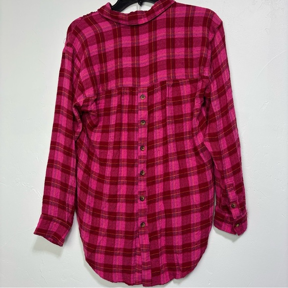 Anthropologie XS Women's Plaid Pink Red Flannel Gauze Shirt Button High Low - Picture 4 of 12